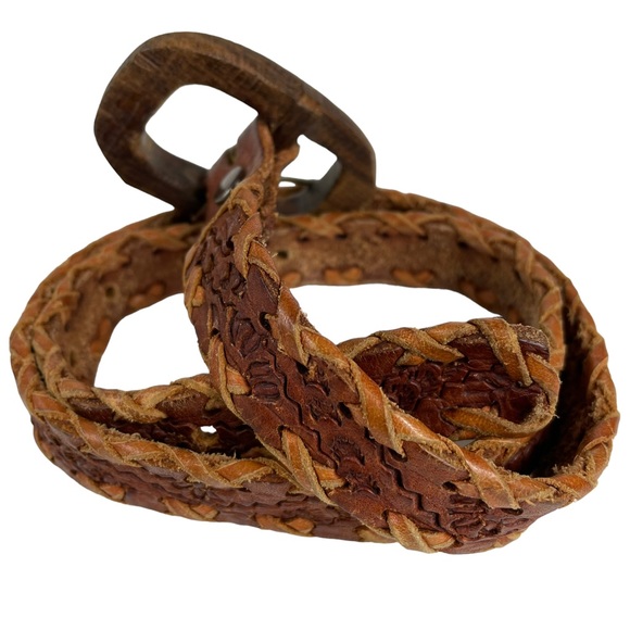 Unique Wooden Buckled Hand-carved Hand-Tooled Genuine Leather Western Braid Belt - Picture 13 of 13